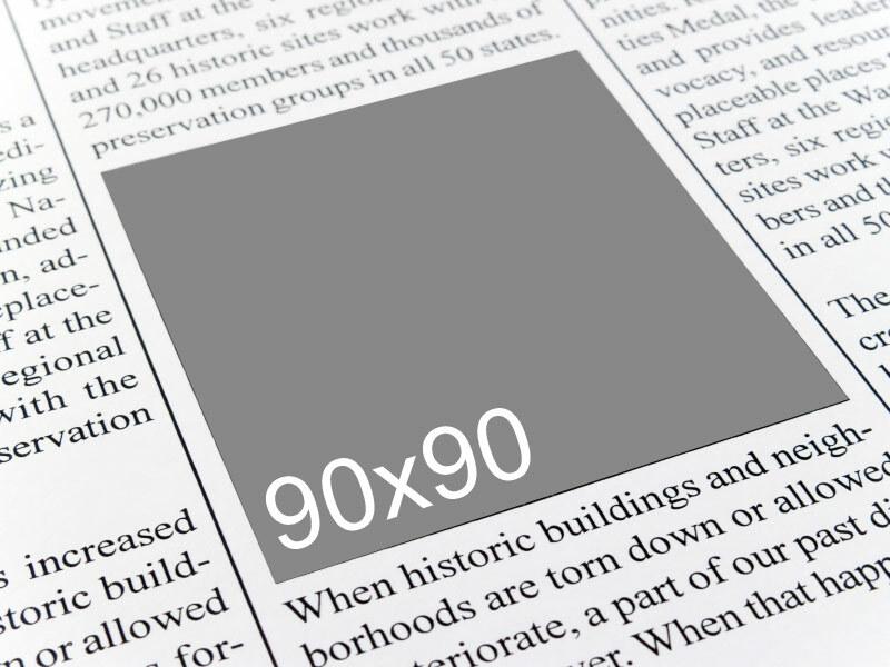Grafik eines Zeitungsartikels mit grauem Platzhalter für ein Bild, beschriftet mit „90x90“.